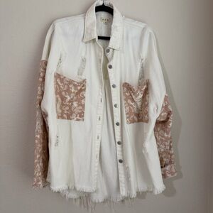 POL Distressed Boho White & Mauve Pink Paisley Print Denim Shacket Oversized Sm